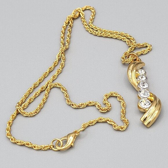 S Curve Pendant Necklace With Five CZ Cubic Zirconia 18" Gold Tone Chain - Picture 2 of 8